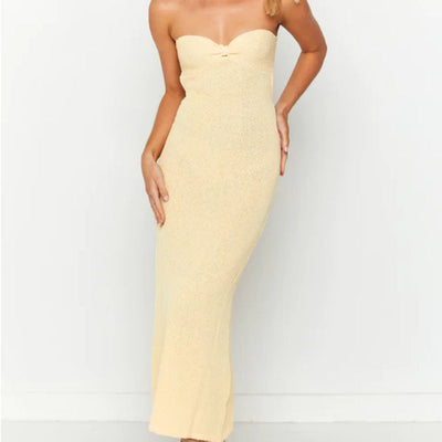 Women’s Strapless Knit Dress – Slim Fit – Open Back Twist Detail – Full Length