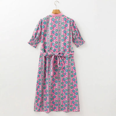 Women’s Midi Dress – Floral Print – Belted Waist – Puff Sleeve – Button Front