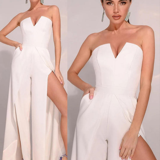 Women’s Jumpsuit – Strapless Slim Fit – Wide Leg with Slits – Formal Partywear