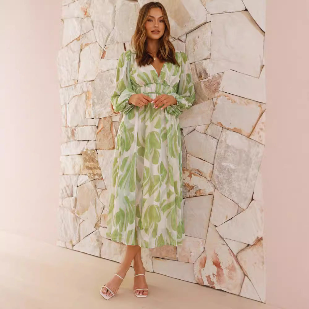 Women’s Long Dress – Chiffon – Floral Print – V-Neck – Relaxed Fit – Long Sleeve