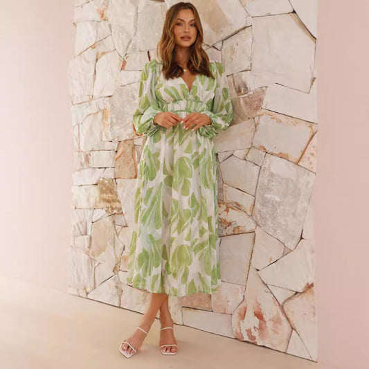 Women’s Long Dress – Chiffon – Floral Print – V-Neck – Relaxed Fit – Long Sleeve
