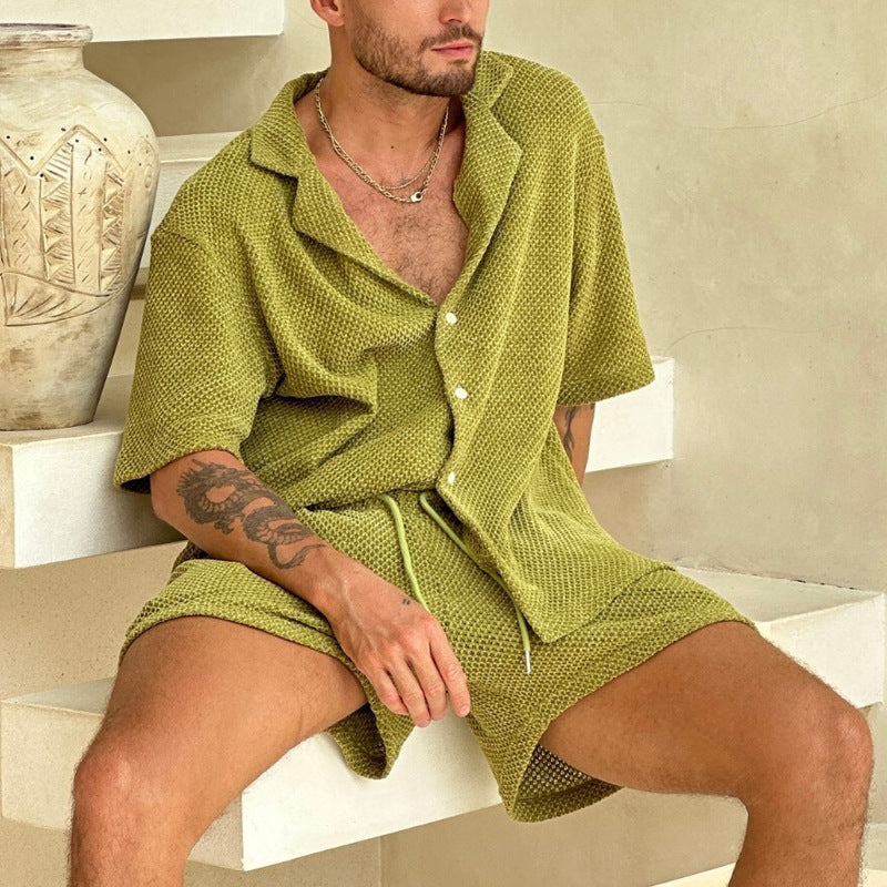 Men’s Outfit Set – Textured Button-Up Shirt and Drawstring Shorts – Relaxed Fit Breathable
