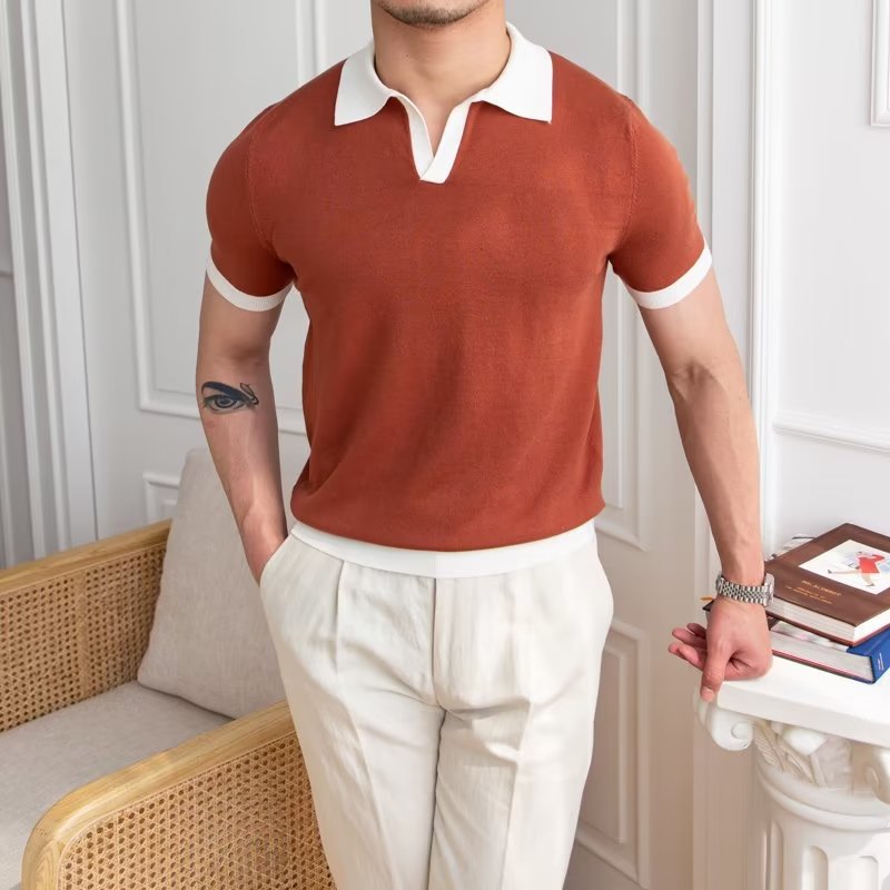 Men’s Polo Shirt – Knitted Cotton – Regular Fit – V-Neck – Short Sleeve Ribbed Cuffs