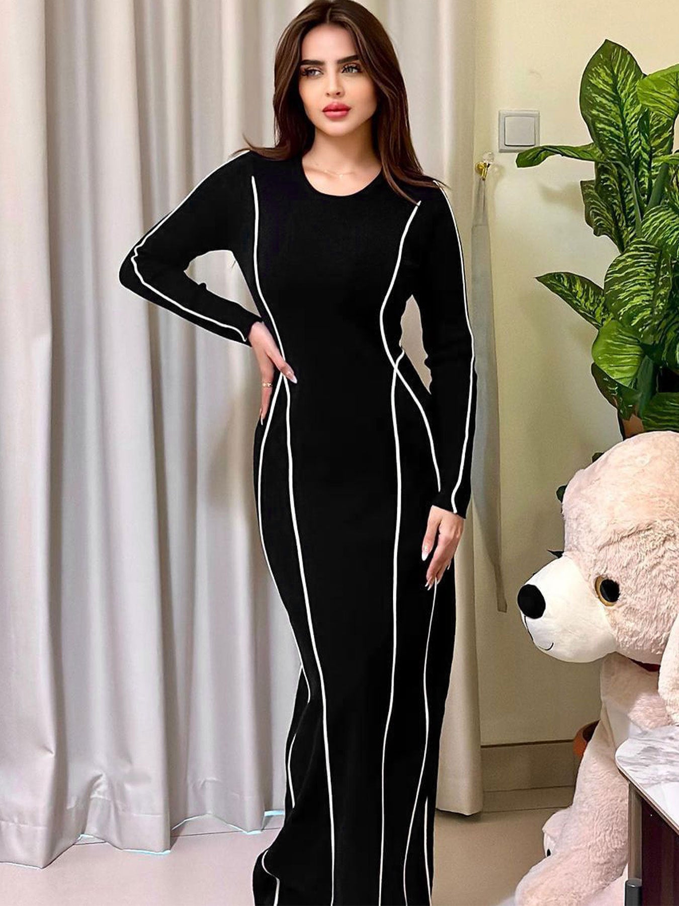 Women's Elegant Long Sleeve Maxi Dress – Contrast Stripes – Bodycon Fit