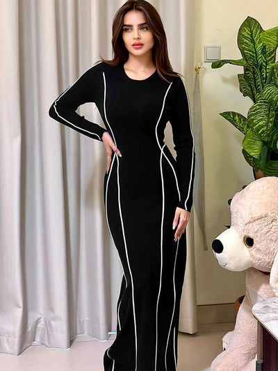 Women's Elegant Long Sleeve Maxi Dress – Contrast Stripes – Bodycon Fit