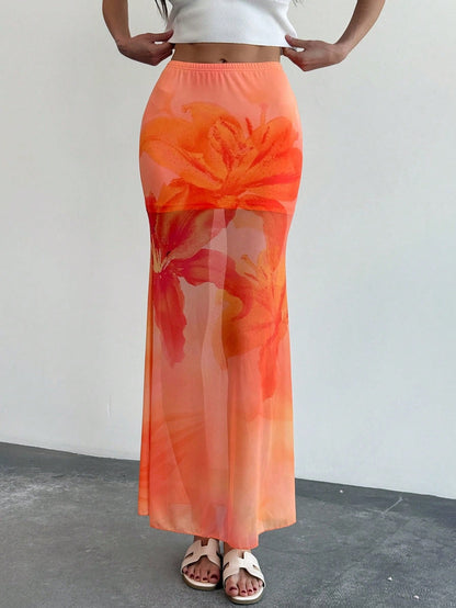 Women’s Long Skirt – Mermaid Fit – Mesh Fabric – Sheer Floral Print – Ankle Length