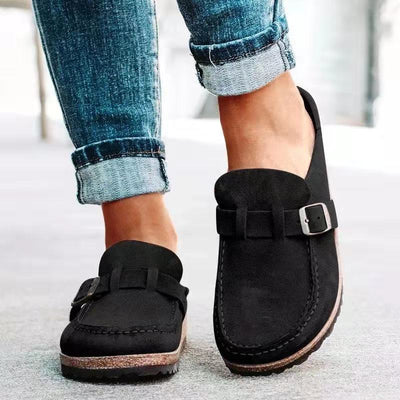 Women’s Mule Sandals – Suede-Like Upper – Buckle Strap – Low Heel Slip-On Comfort