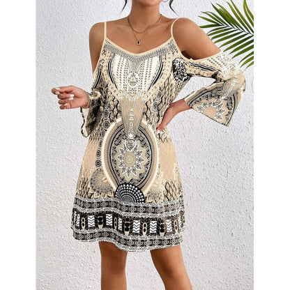 Women’s Off-Shoulder Mini Dress – Flowing Fit – Bell Sleeves – Cotton – Boho Style