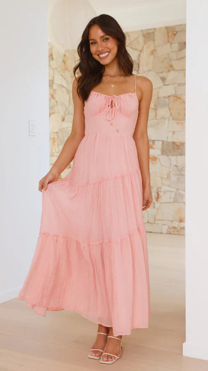 Women’s Maxi Dress – Breathable Cotton Blend – Tiered Flow Fit – Spaghetti Straps