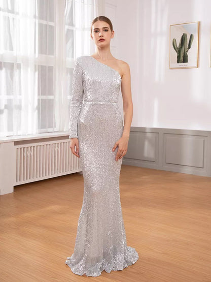 Women’s Evening Gown – One Shoulder – Sequin Embellished – Slim Fit Mermaid Maxi