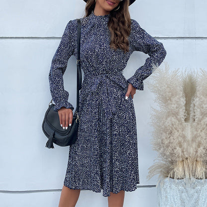 Women’s Midi Dress – Slim Fit – High Neck – Long Sleeve – Belted Waist – Soft Blend