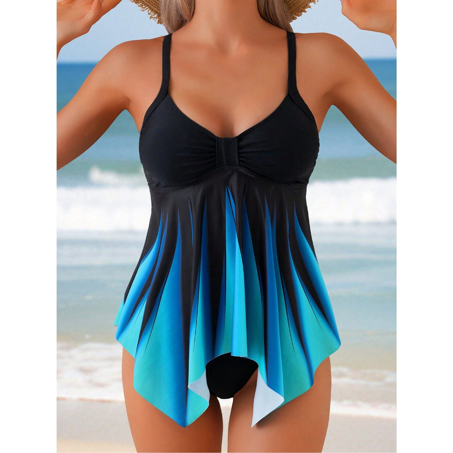Women’s Tankini Set – Flowing Fit – V-Neck – Ruched Bust – Asymmetrical Hemline