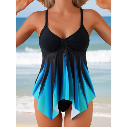 Women’s Tankini Set – Flowing Fit – V-Neck – Ruched Bust – Asymmetrical Hemline