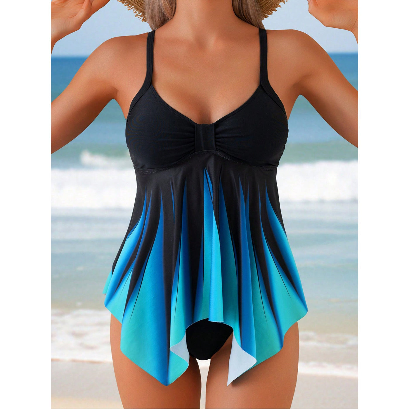 Women’s Tankini Set – Flowing Fit – V-Neck – Ruched Bust – Asymmetrical Hemline