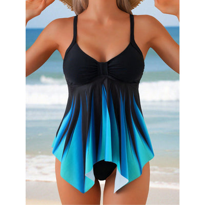 Women’s Tankini Set – Flowing Fit – V-Neck – Ruched Bust – Asymmetrical Hemline