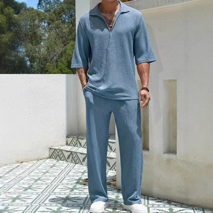 Men’s Casual Set – Textured Lightweight Fabric – Relaxed Fit – Half-Zip Shirt & Trousers