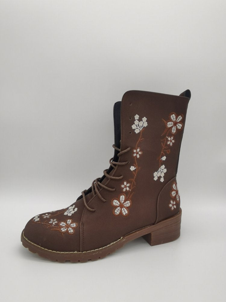 Women’s Mid-Calf Boots – Embroidered Floral – Block Heel – Lace-Up with Side Zip