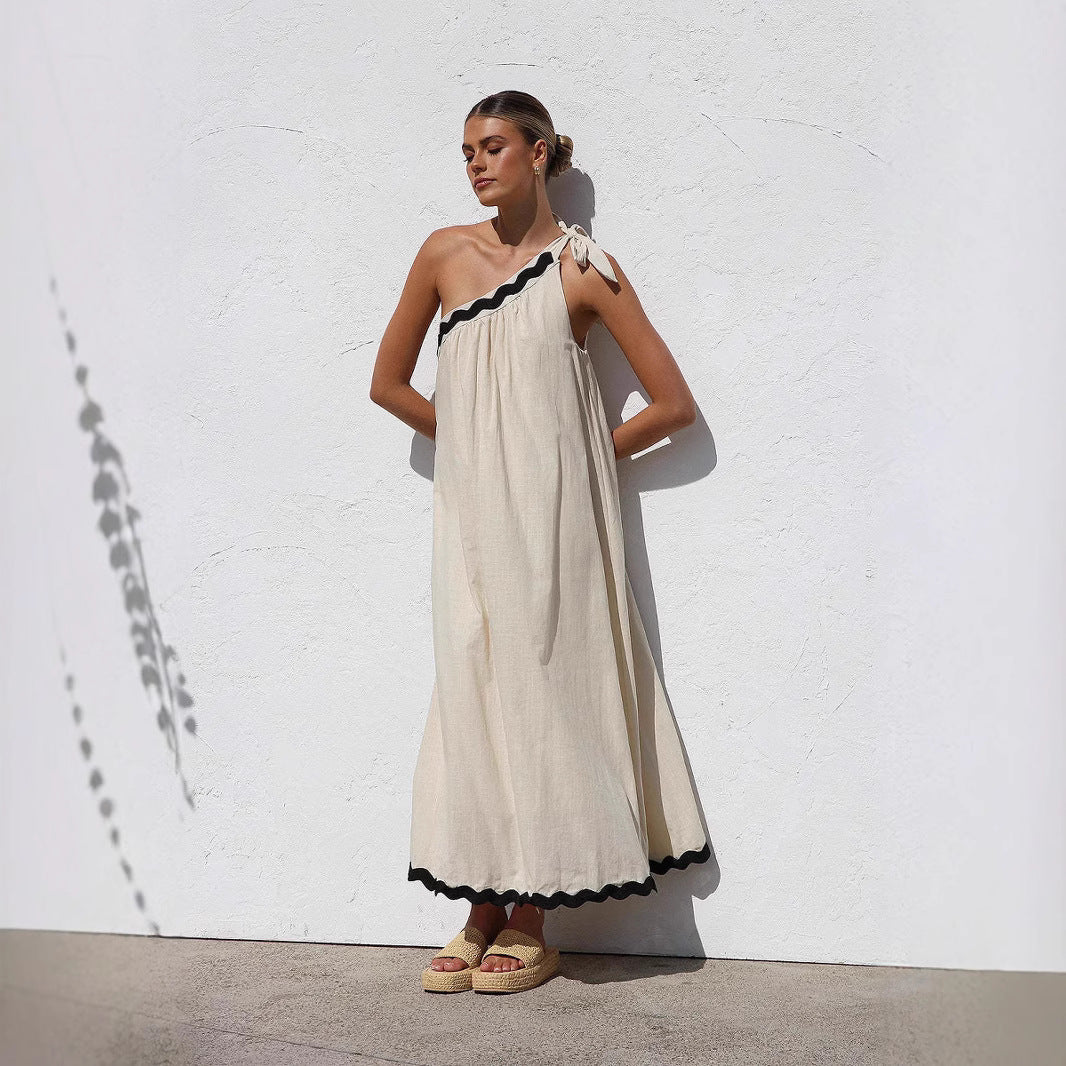 Women’s Maxi Dress – One Shoulder – Tie Strap – Relaxed Fit – Scalloped Hem – Breathable