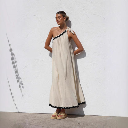 Women’s Maxi Dress – One Shoulder – Tie Strap – Relaxed Fit – Scalloped Hem – Breathable