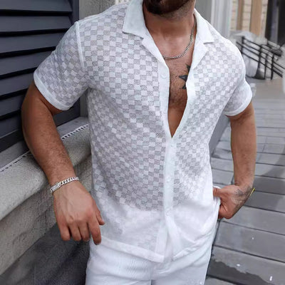 Men’s Knit Shirt – Relaxed Fit – Button-Up – Lace Detail – Short Sleeve Casual Wear