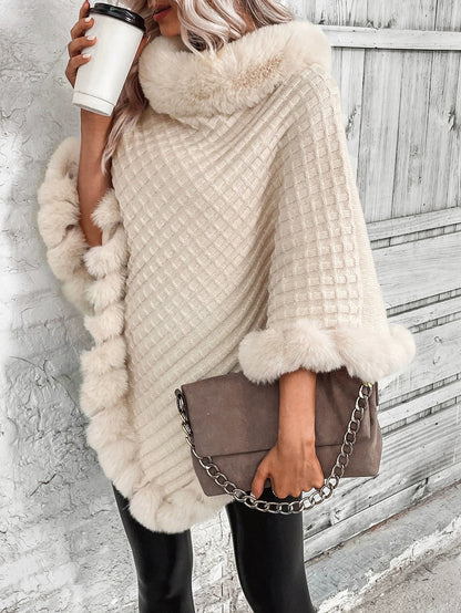Women’s Poncho Sweater – Cable Knit – Faux Fur Trim – Oversized Fit – Cowl Neck