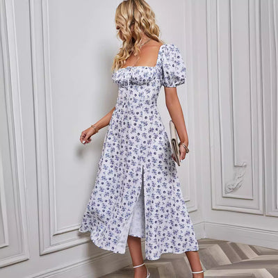 Women’s Midi Dress – Floral Print – Puff Sleeve – Tie Front – A-Line Fit – Front Slit
