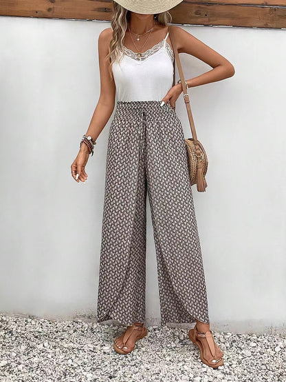 Women’s Wide-Leg Skirt Pants – Relaxed Fit – Floral Print – Side Slits – Breathable Fabric