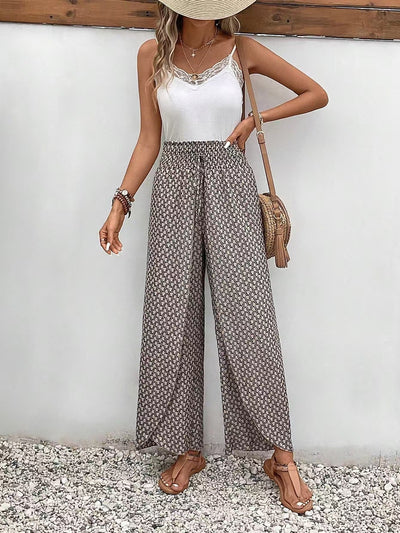 Women’s Wide-Leg Skirt Pants – Relaxed Fit – Floral Print – Side Slits – Breathable Fabric