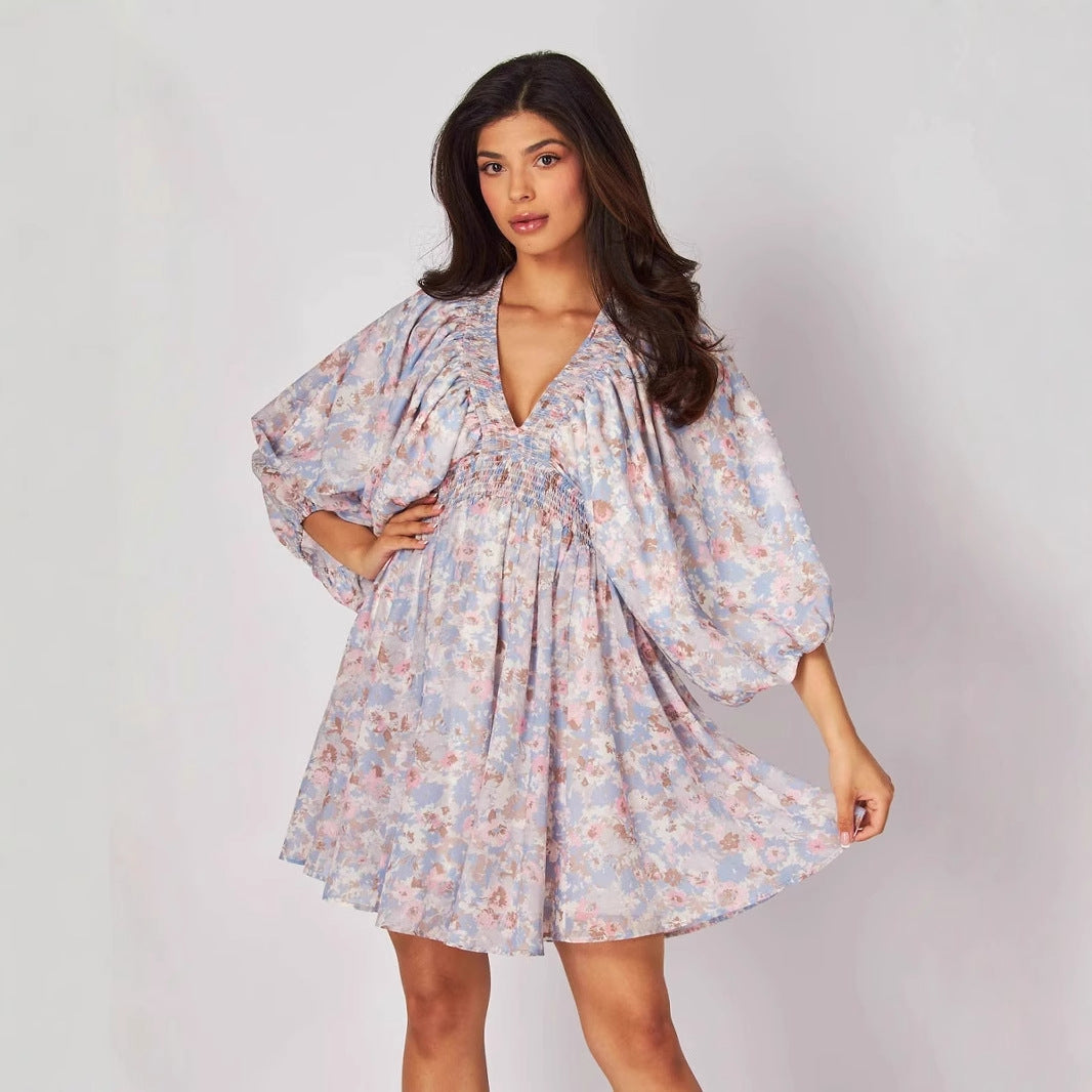 Women’s Short Dress – Chiffon – V-Neck – Ruched Waist – Bishop Sleeve – Floral Print