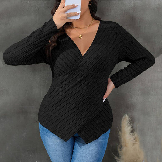 Women’s Wrap Top – Ribbed Texture – Fitted V-Neck – Long Sleeve