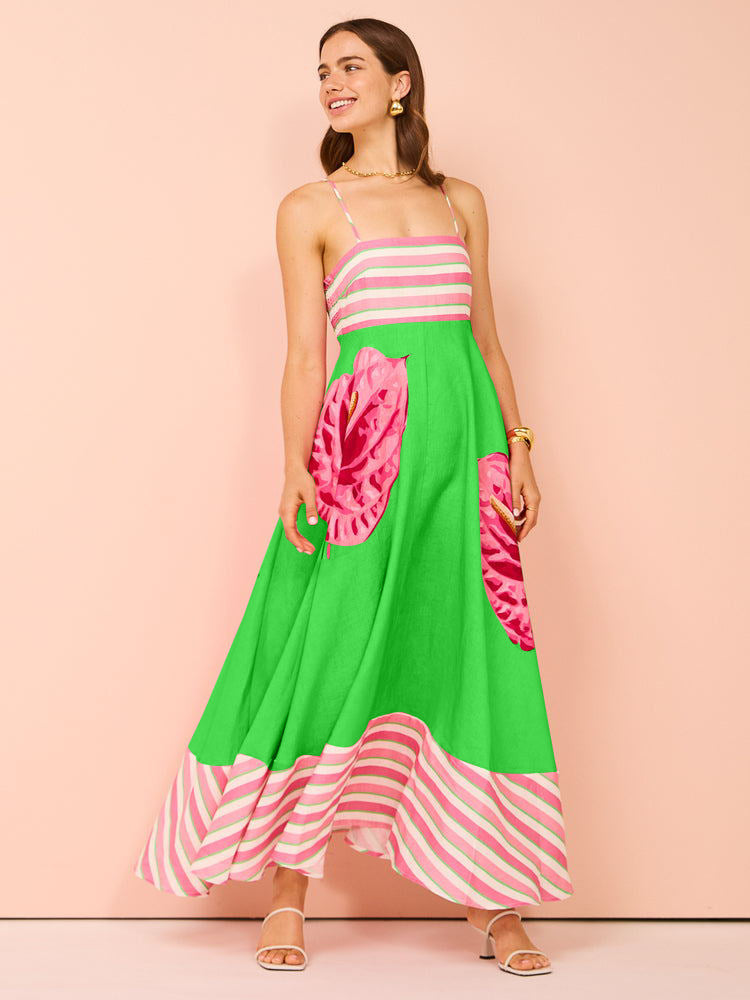 Women’s Midi Dress – Smocked Bodice – A-Line Fit – Spaghetti Straps – Cotton Blend