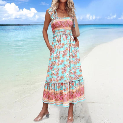 Women’s Midi Dress – Cotton Blend – Square Neck – Ruffle Sleeve – Loose Fit – Pockets