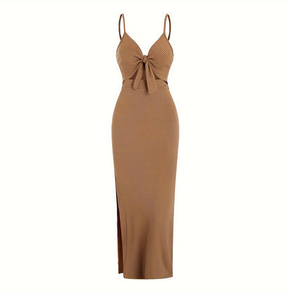 Women's Maxi Dress - Ribbed Knit - Spaghetti Strap - Cut-Out Front Knot Detail
