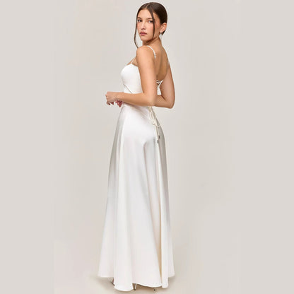 Women’s Midi Dress – Slim Fit – Satin Feel – Lace Panel – A-Line – Spaghetti Strap