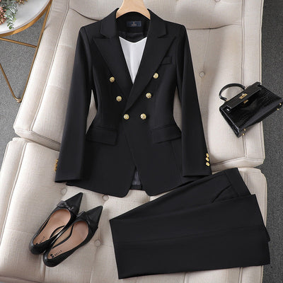 Women’s Suit Set – Tailored Fit – Double-Breasted – Gold Buttons – Structured Design