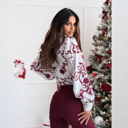 Women’s Long Sleeve Shirt – Tailored Fit – Bow Tie Collar – Printed Design – Button Cuffs