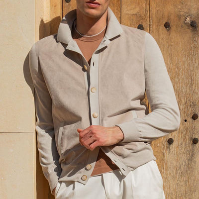 Men’s Jacket – Suede-Like Texture – Tailored Fit – Button Down – Ribbed Trim