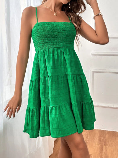 Women’s Short Dress – Smocked Bodice – Sleeveless A-Line – Tiered Cotton Casual Wear