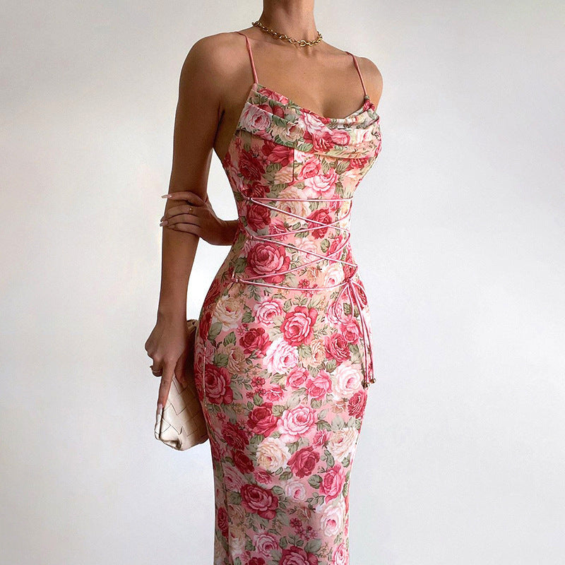 Women’s Long Dress – Slim Fit – Satin Feel – Cowl Neck – Spaghetti Strap – Floral Lace-Up