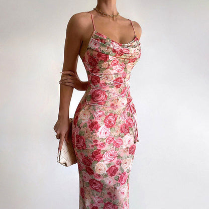 Women’s Long Dress – Slim Fit – Satin Feel – Cowl Neck – Spaghetti Strap – Floral Lace-Up