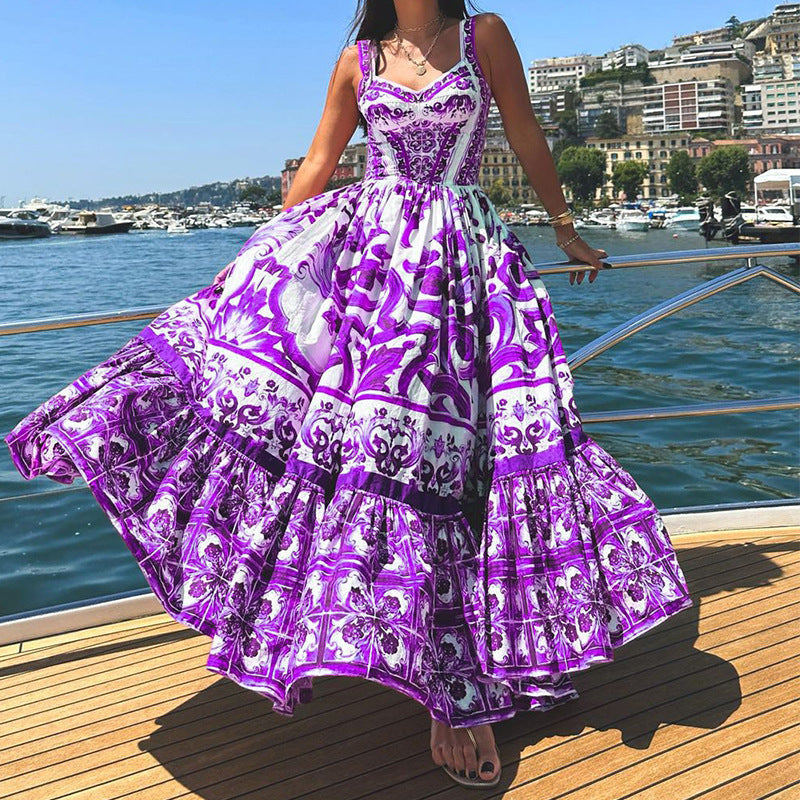 Women’s Maxi Dress – Fitted Bodice – Tiered Skirt – Breathable Blend – Printed Design