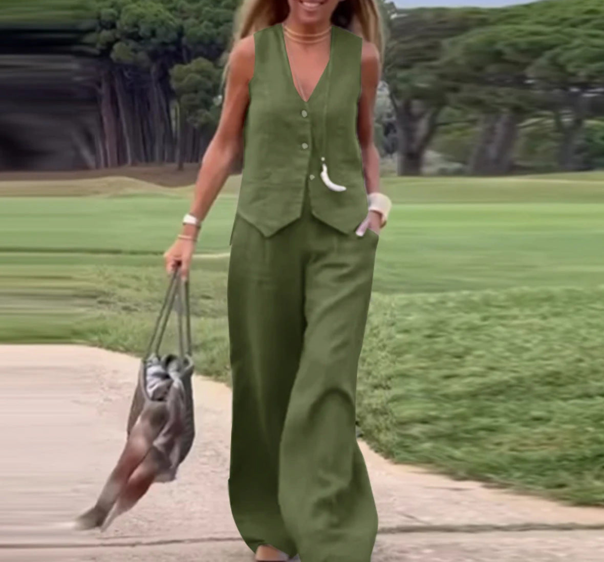 Women's Vest and Pants Set - Tailored Fit - Sleeveless - Wide Leg - Casual Chic