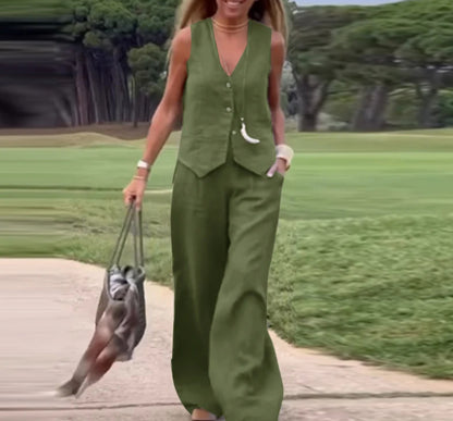 Women's Vest and Pants Set - Tailored Fit - Sleeveless - Wide Leg - Casual Chic