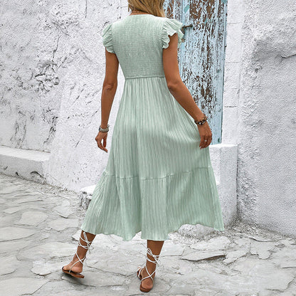 Women’s Midi Dress – A-Line Fit – Textured Fabric – V-Neck – Ruffled Sleeves – Tiered Skirt