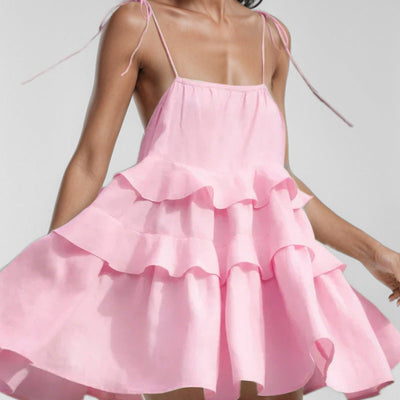Women’s Mini Dress – Flowy A-Line Fit – Backless – Pleated Tiers – Spaghetti Straps
