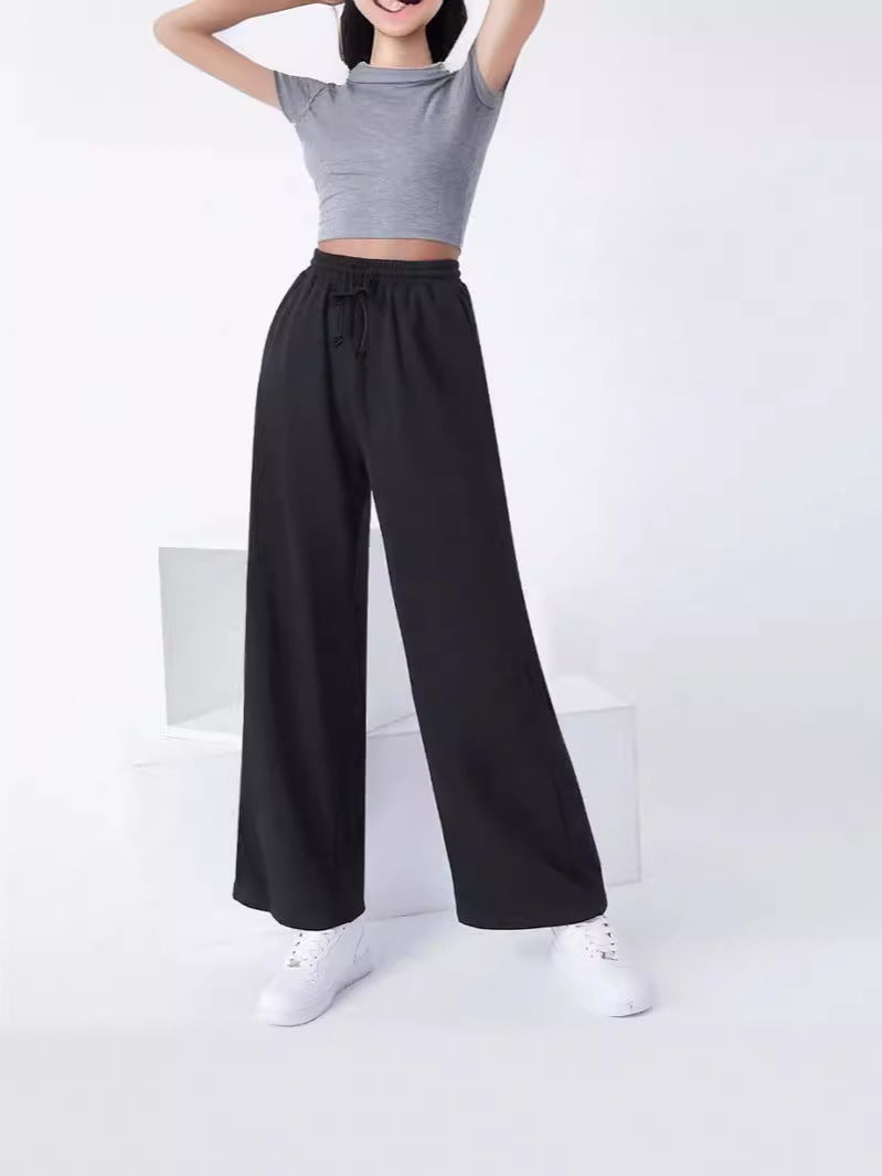 Women’s Wide-Leg Pants – Cotton Knit – Relaxed Fit – Elastic Drawstring Waist – Full Length