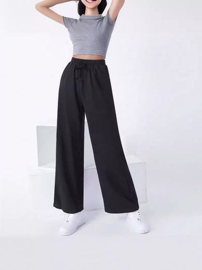 Women’s Wide-Leg Pants – Cotton Knit – Relaxed Fit – Elastic Drawstring Waist – Full Length