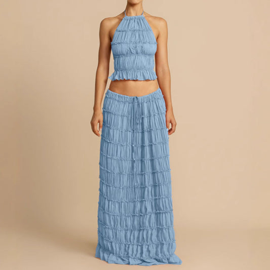 Women’s Two-Piece Set – Ruched Halter Crop Top – Flowing Maxi Skirt – Breathable Blend
