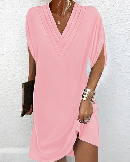 Women’s Knee-Length Dress – V-Neck Ruched Front – Relaxed Fit – Short Sleeve Breathable Blend