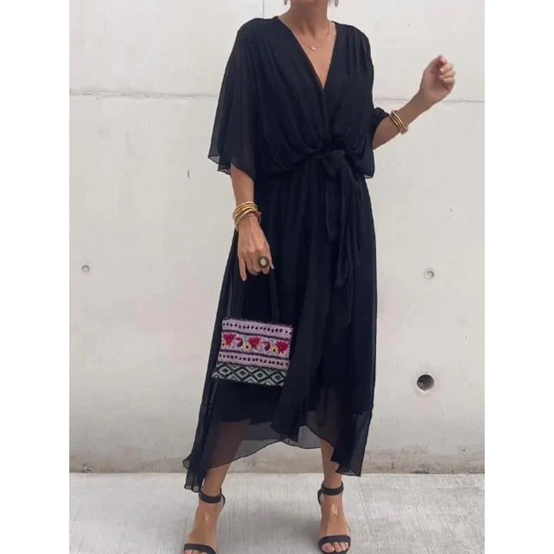 Women’s Maxi Dress – Relaxed Fit – Batwing Sleeves – Tie Waist – Asymmetrical Hem